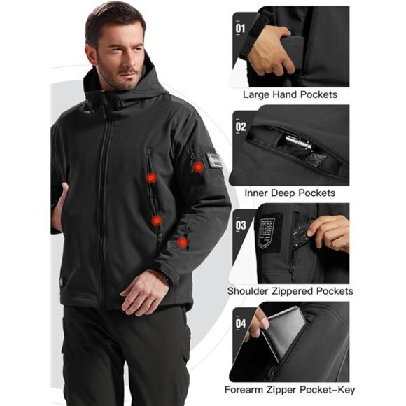 Men's Outdoor Waterproof Soft Shell Hooded Military Tactical Jacket - Picture 4 of 7